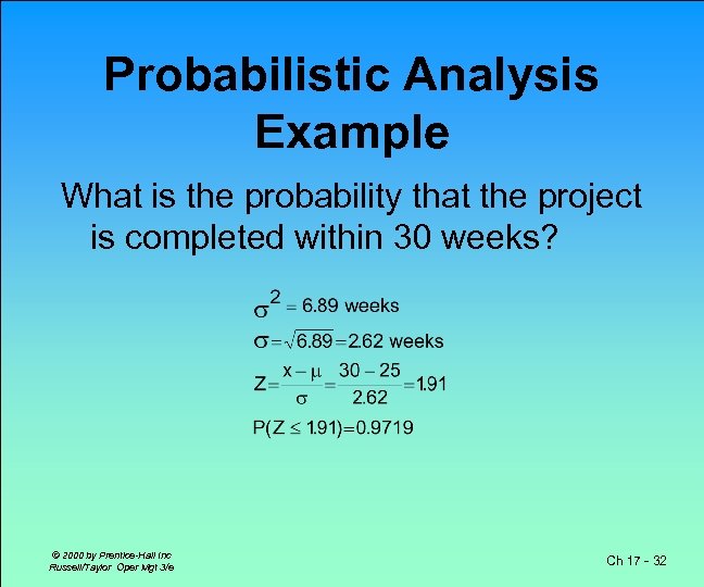 Probabilistic Analysis Example What is the probability that the project is completed within 30