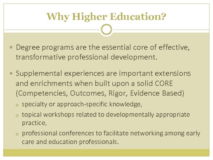 Why Higher Education? Degree programs are the essential core of effective, transformative professional development.