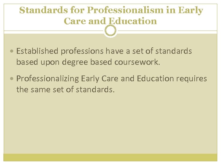 Standards for Professionalism in Early Care and Education Established professions have a set of