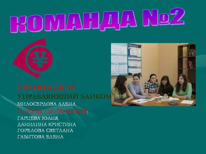 ГРУППА БХ-78 УПРАВЛЯЮЩИЙ БАНКОМ: МИЛОСЕРДОВА АЛЕНА ЧЛЕНЫ ПРАВЛЕНИЯ: ГАРЦЕВА ЮЛИЯ ДАНИЛИНА КРИСТИНА ГОРЕЛОВА СВЕТЛАНА