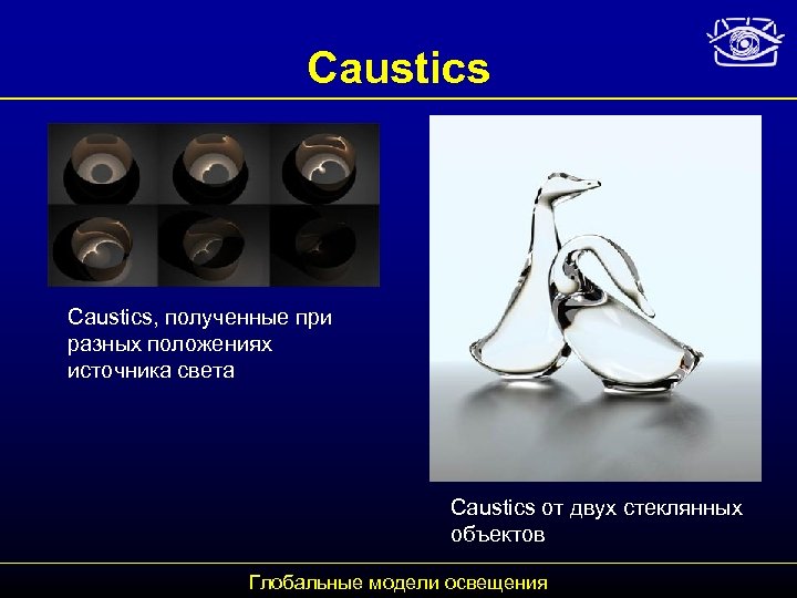 Caustics, полученные при разных положениях источника света Caustics от двух стеклянных объектов Глобальные модели