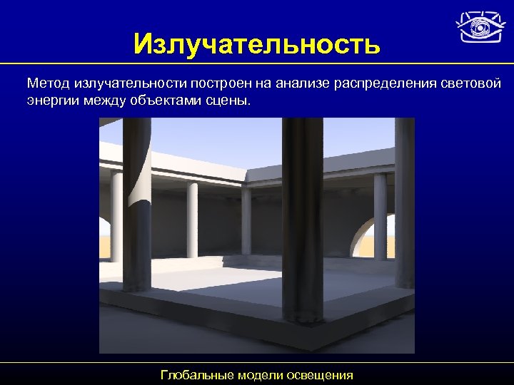 Излучательность Метод излучательности построен на анализе распределения световой энергии между объектами сцены. Глобальные модели