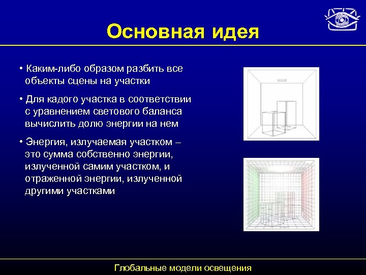 Основная идея • Каким-либо образом разбить все объекты сцены на участки • Для кадого