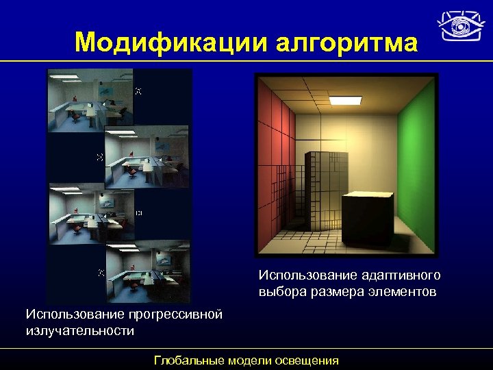 Модификации алгоритма Использование адаптивного выбора размера элементов Использование прогрессивной излучательности Глобальные модели освещения 