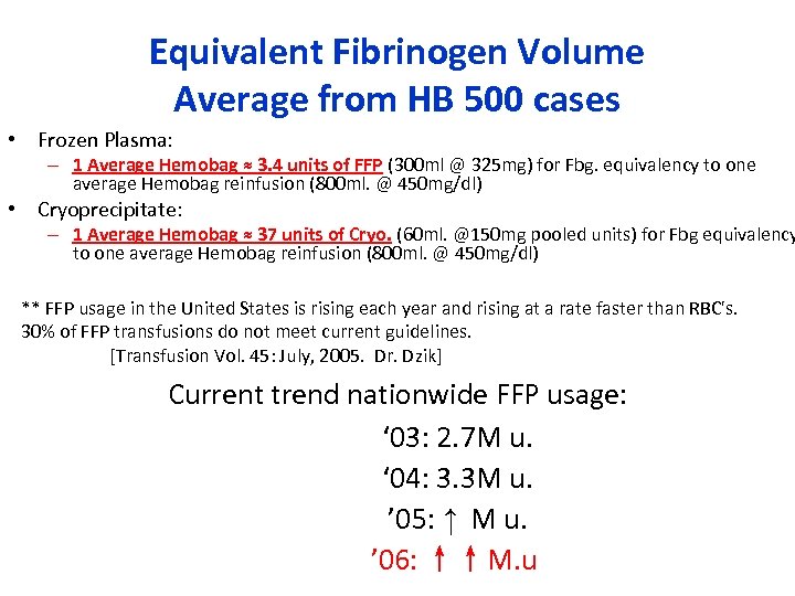 Equivalent Fibrinogen Volume Average from HB 500 cases • Frozen Plasma: – 1 Average