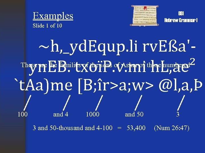 Examples BBI Hebrew Grammar I Slide 1 of 10 ~h, _yd. Equp. li rv.