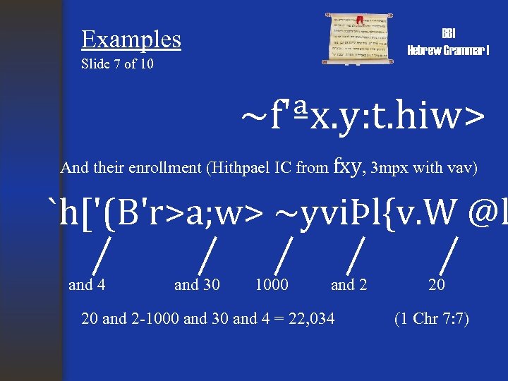 Examples BBI Hebrew Grammar I Slide 7 of 10 ~f'ªx. y: t. hiw> And