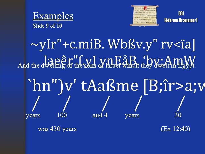 Examples BBI Hebrew Grammar I Slide 9 of 10 ~y. Ir"+c. mi. B. Wbßv.
