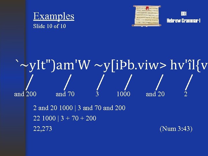 Examples BBI Hebrew Grammar I Slide 10 of 10 `~y. It")am'W ~y[iÞb. viw> hv'îl{v.