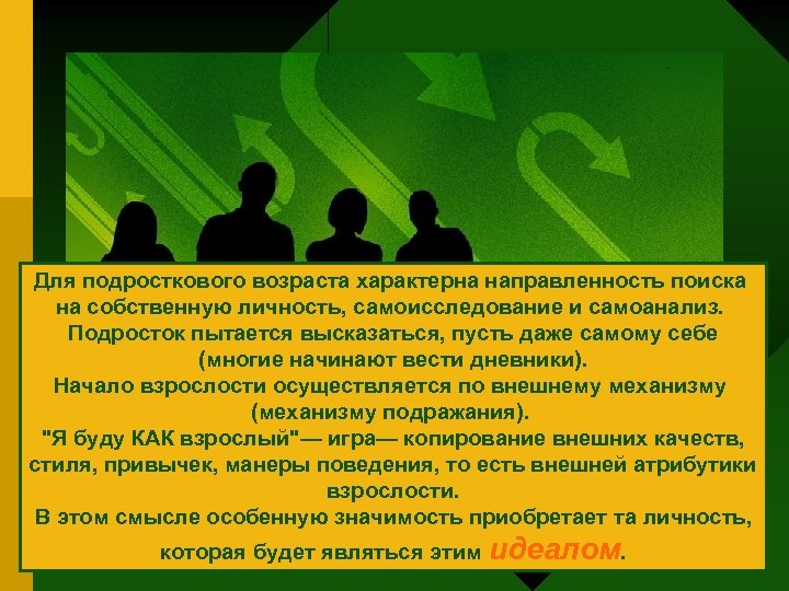 Для подросткового возраста характерна направленность поиска на собственную личность, самоисследование и самоанализ. Подросток пытается