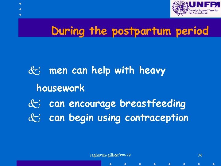 During the postpartum period k men can help with heavy housework k can encourage