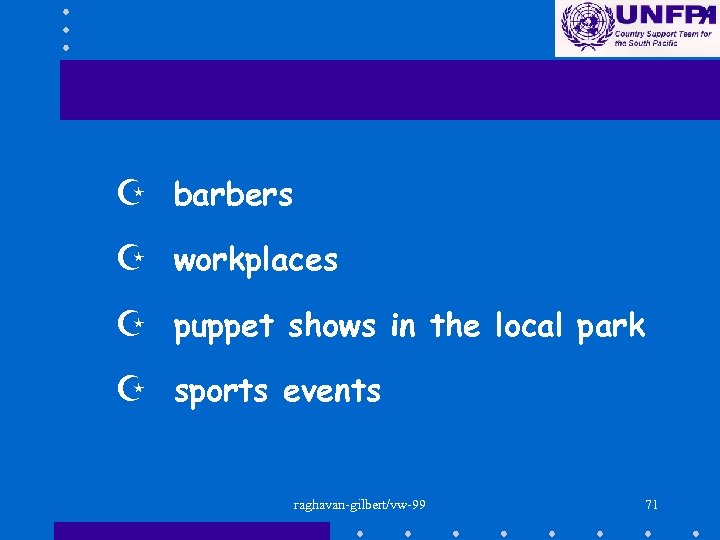 Z barbers Z workplaces Z puppet shows in the local park Z sports events