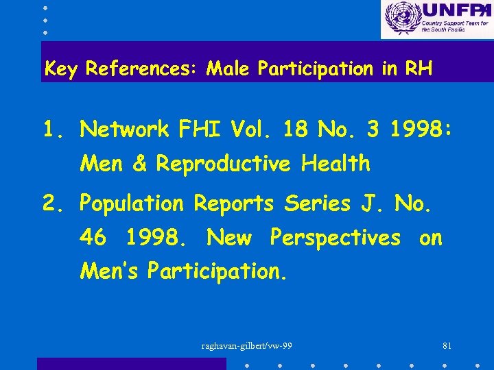 Key References: Male Participation in RH 1. Network FHI Vol. 18 No. 3 1998:
