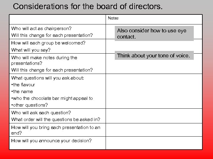 Considerations for the board of directors. Notes Who will act as chairperson? Will this