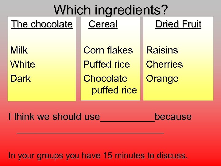 Which ingredients? ingredients The chocolate Milk White Dark Cereal Dried Fruit Corn flakes Raisins
