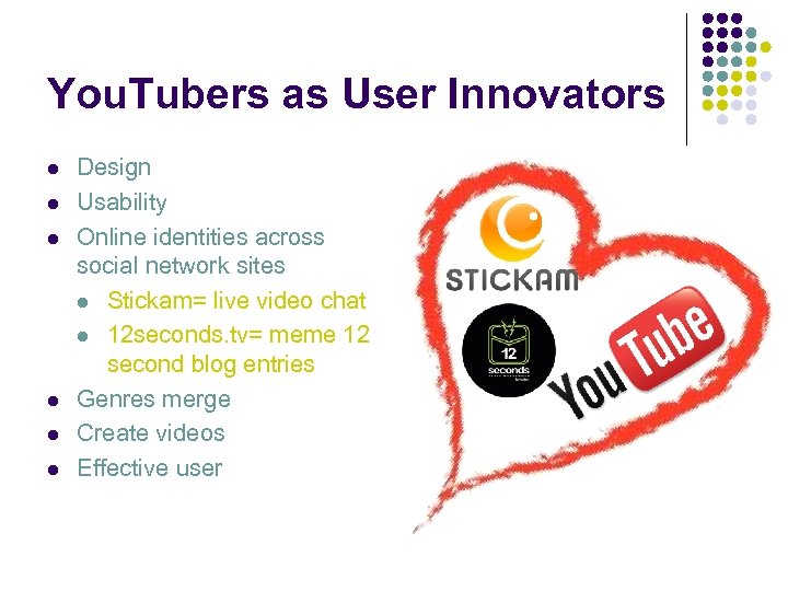 You. Tubers as User Innovators l l l Design Usability Online identities across social