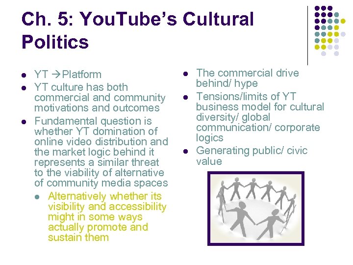 Ch. 5: You. Tube’s Cultural Politics l l l YT Platform YT culture has