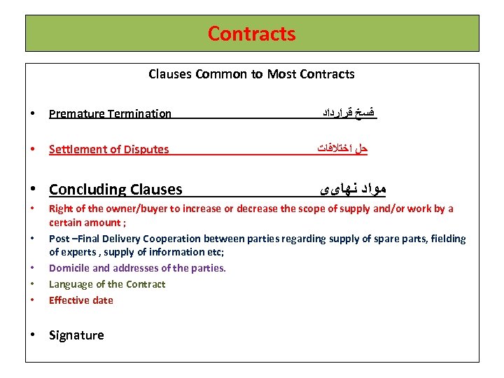 Contracts Clauses Common to Most Contracts • Premature Termination ﻓﺴﺦ ﻗﺮﺍﺭﺩﺍﺩ • Settlement of