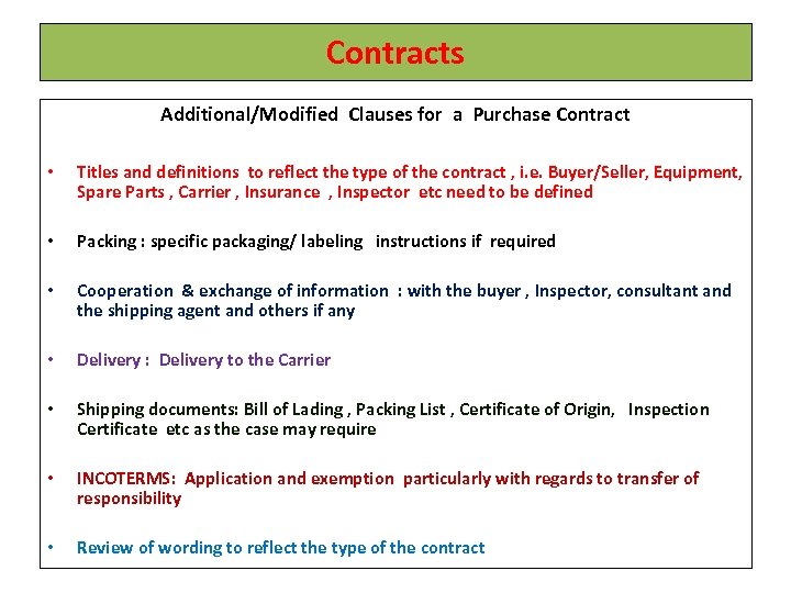 Contracts Additional/Modified Clauses for a Purchase Contract • Titles and definitions to reflect the