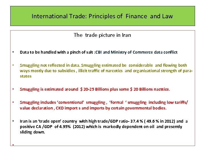 International Trade: Principles of Finance and Law The trade picture in Iran • Data