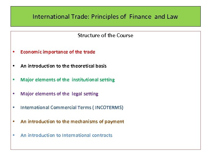 International Trade: Principles of Finance and Law Structure of the Course • Economic importance