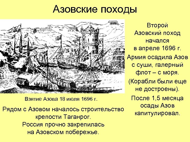 Азовские походы Второй Азовский поход начался в апреле 1696 г. Армия осадила Азов с