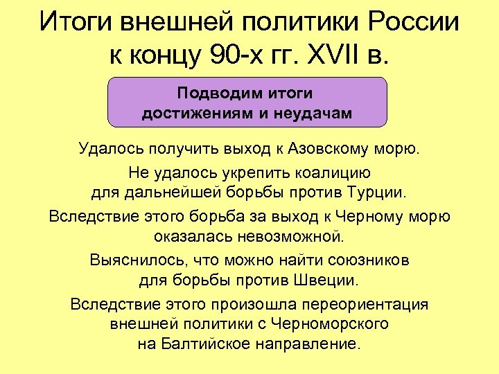 Итоги внешней политики России к концу 90 -х гг. XVII в. Подводим итоги достижениям