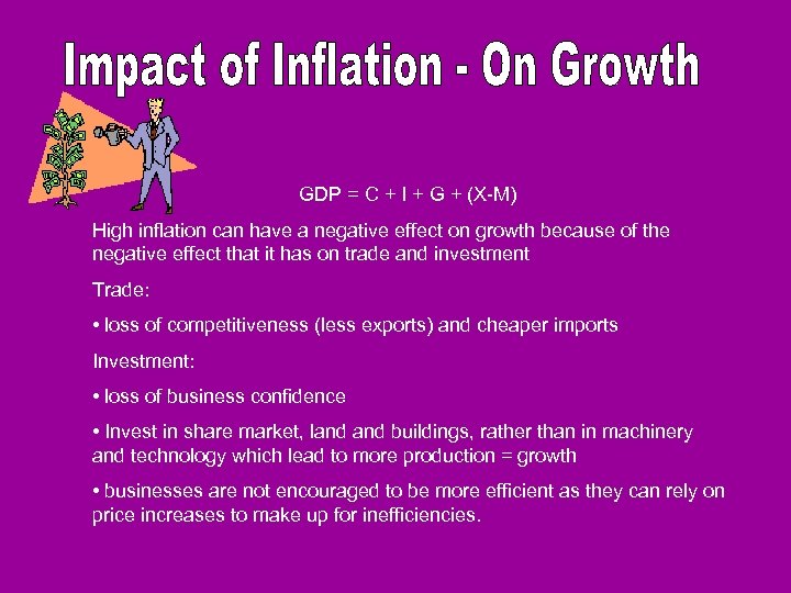 GDP = C + I + G + (X-M) High inflation can have a