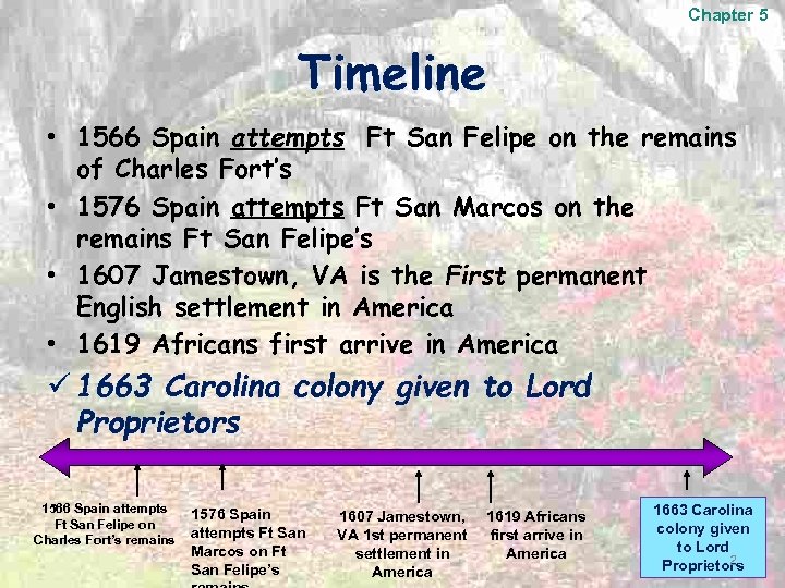 Chapter 5 Timeline • 1566 Spain attempts Ft San Felipe on the remains of