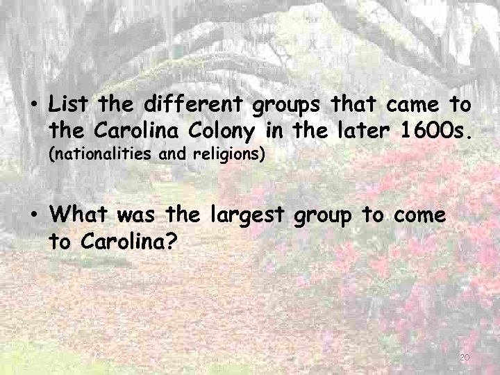  • List the different groups that came to the Carolina Colony in the