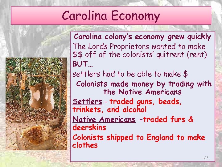 Carolina Economy Carolina colony’s economy grew quickly The Lords Proprietors wanted to make $$