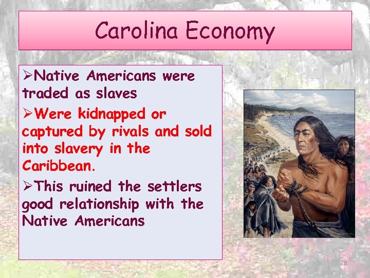 Carolina Economy ØNative Americans were traded as slaves ØWere kidnapped or captured by rivals