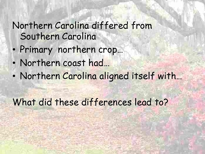Northern Carolina differed from Southern Carolina • Primary northern crop… • Northern coast had…