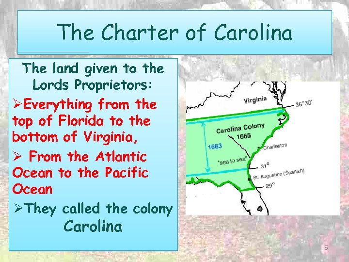 The Charter of Carolina The land given to the Lords Proprietors: ØEverything from the