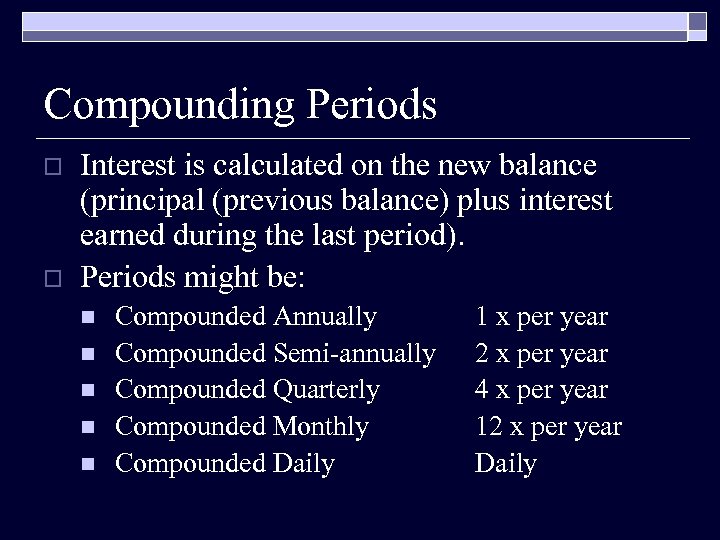 Compounding Periods o o Interest is calculated on the new balance (principal (previous balance)