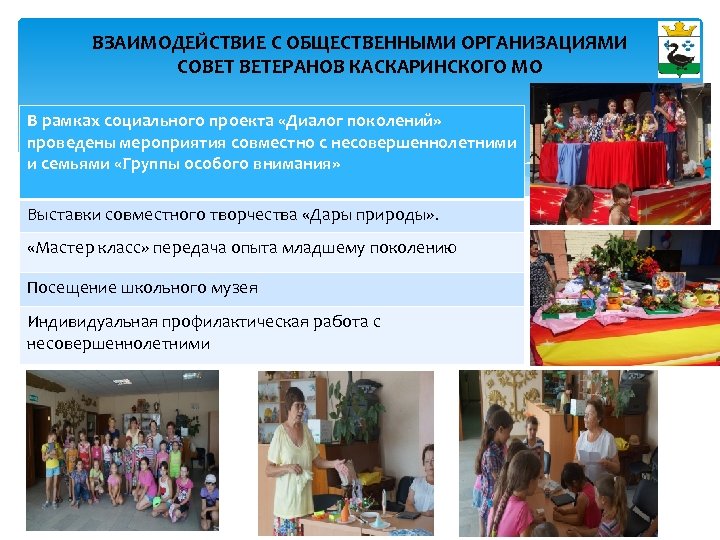 ВЗАИМОДЕЙСТВИЕ С ОБЩЕСТВЕННЫМИ ОРГАНИЗАЦИЯМИ СОВЕТ ВЕТЕРАНОВ КАСКАРИНСКОГО МО В рамках социального проекта «Диалог поколений»