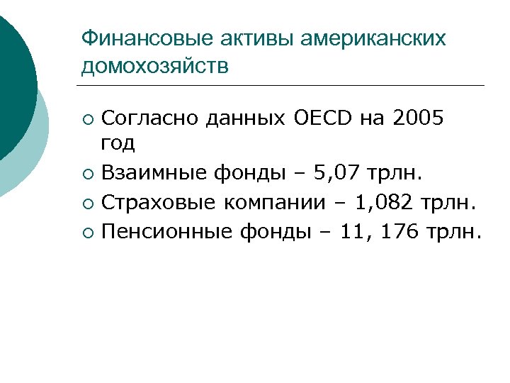Финансовые активы американских домохозяйств Согласно данных OECD на 2005 год ¡ Взаимные фонды –