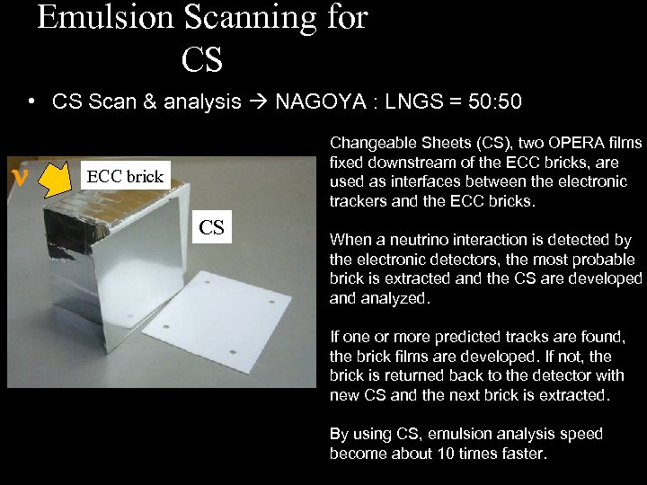 Emulsion Scanning for CS • CS Scan & analysis NAGOYA : LNGS = 50: