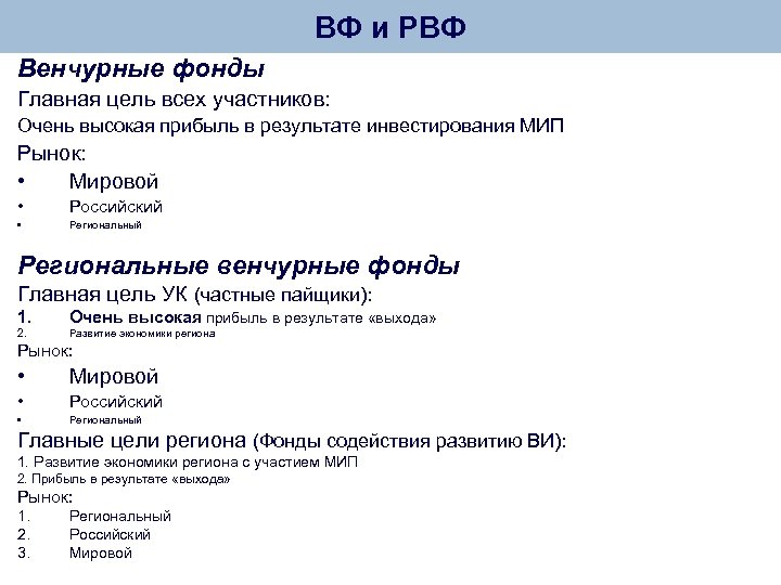 ВФ и РВФ Венчурные фонды Главная цель всех участников: Очень высокая прибыль в результате