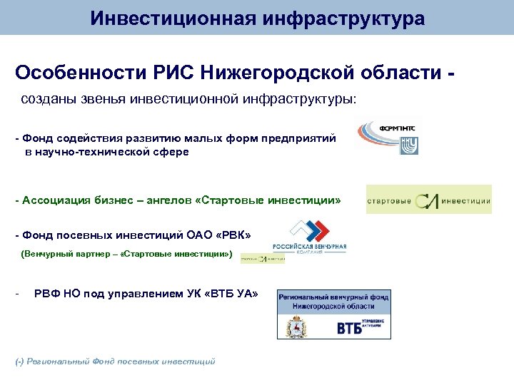 Инвестиционная инфраструктура Особенности РИС Нижегородской области созданы звенья инвестиционной инфраструктуры: - Фонд содействия развитию