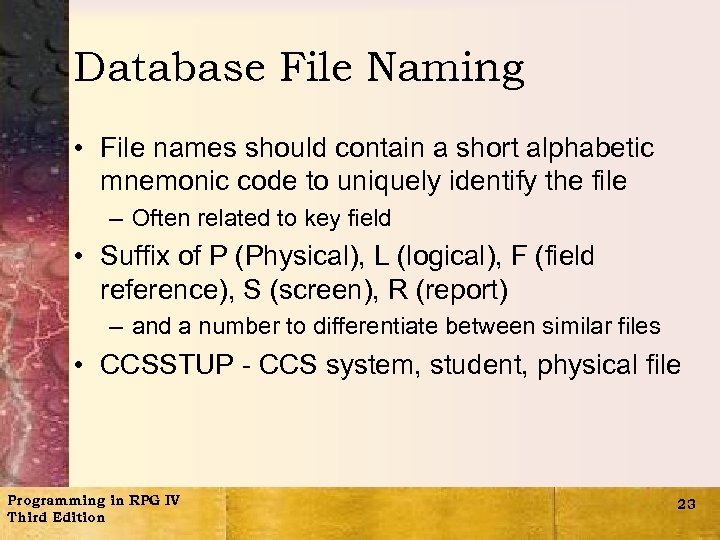 Database File Naming • File names should contain a short alphabetic mnemonic code to