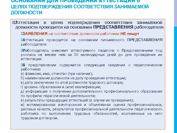 ОСНОВАНИЯ ДЛЯ ПРОВЕДЕНИЯ АТТЕСТАЦИИ В ЦЕЛЯХ ПОДТВЕРЖДЕНИЯ СООТВЕТСТВИЯ ЗАНИМАЕМОЙ ДОЛЖНОСТИ Ш Аттестация в целях