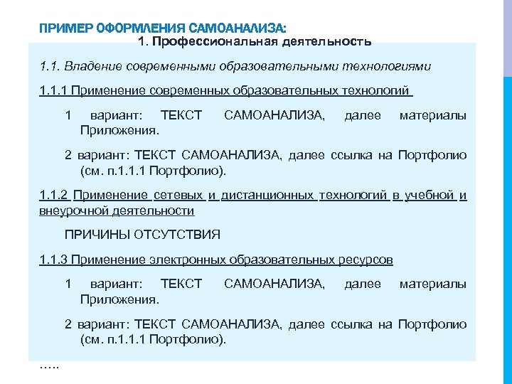 ПРИМЕР ОФОРМЛЕНИЯ САМОАНАЛИЗА: 1. Профессиональная деятельность 1. 1. Владение современными образовательными технологиями 1. 1.