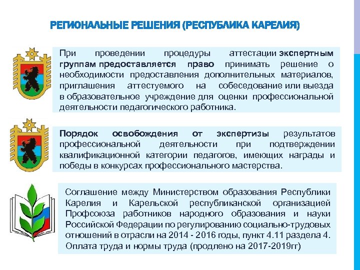 РЕГИОНАЛЬНЫЕ РЕШЕНИЯ (РЕСПУБЛИКА КАРЕЛИЯ) При проведении процедуры аттестации экспертным группам предоставляется право принимать решение