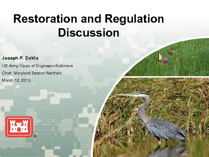 Restoration and Regulation Discussion Joseph P. Da. Via US Army Corps of Engineers-Baltimore Chief,