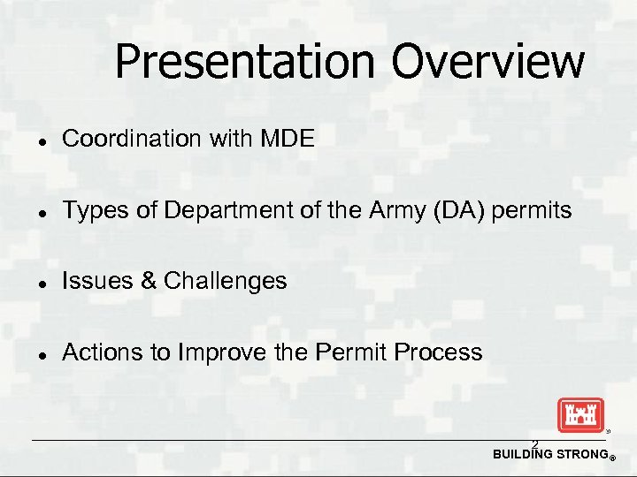 Presentation Overview l Coordination with MDE l Types of Department of the Army (DA)