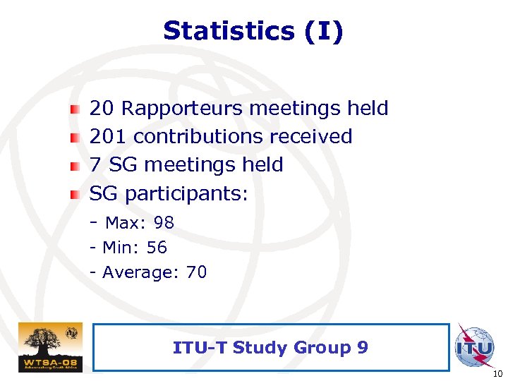 Statistics (I) 20 Rapporteurs meetings held 201 contributions received 7 SG meetings held SG