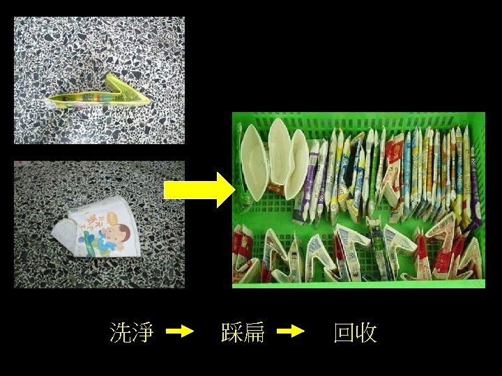 飲料盒 洗淨　　　踩扁　　　回收 