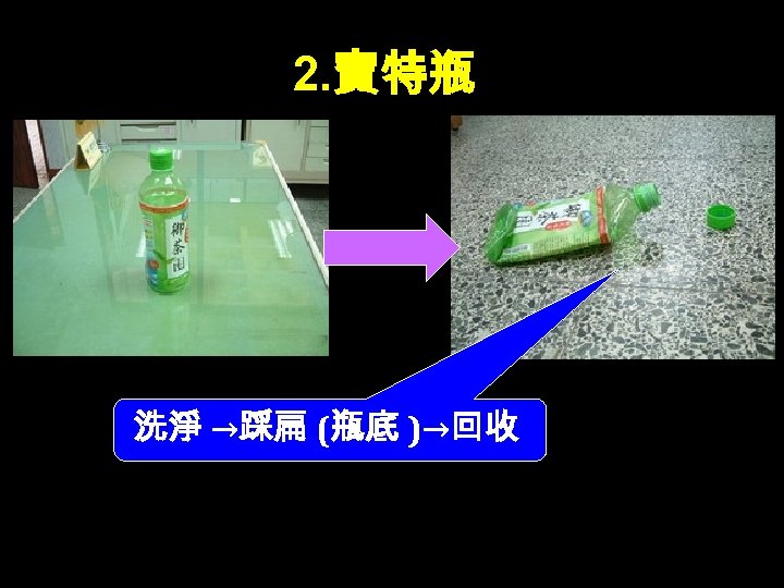 2. 寶特瓶 洗淨 →踩扁 (瓶底 )→回收 