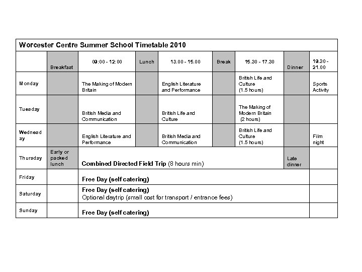 Worcester Centre Summer School Timetable 2010 Dinner 09: 00 - 12: 00 Monday Lunch